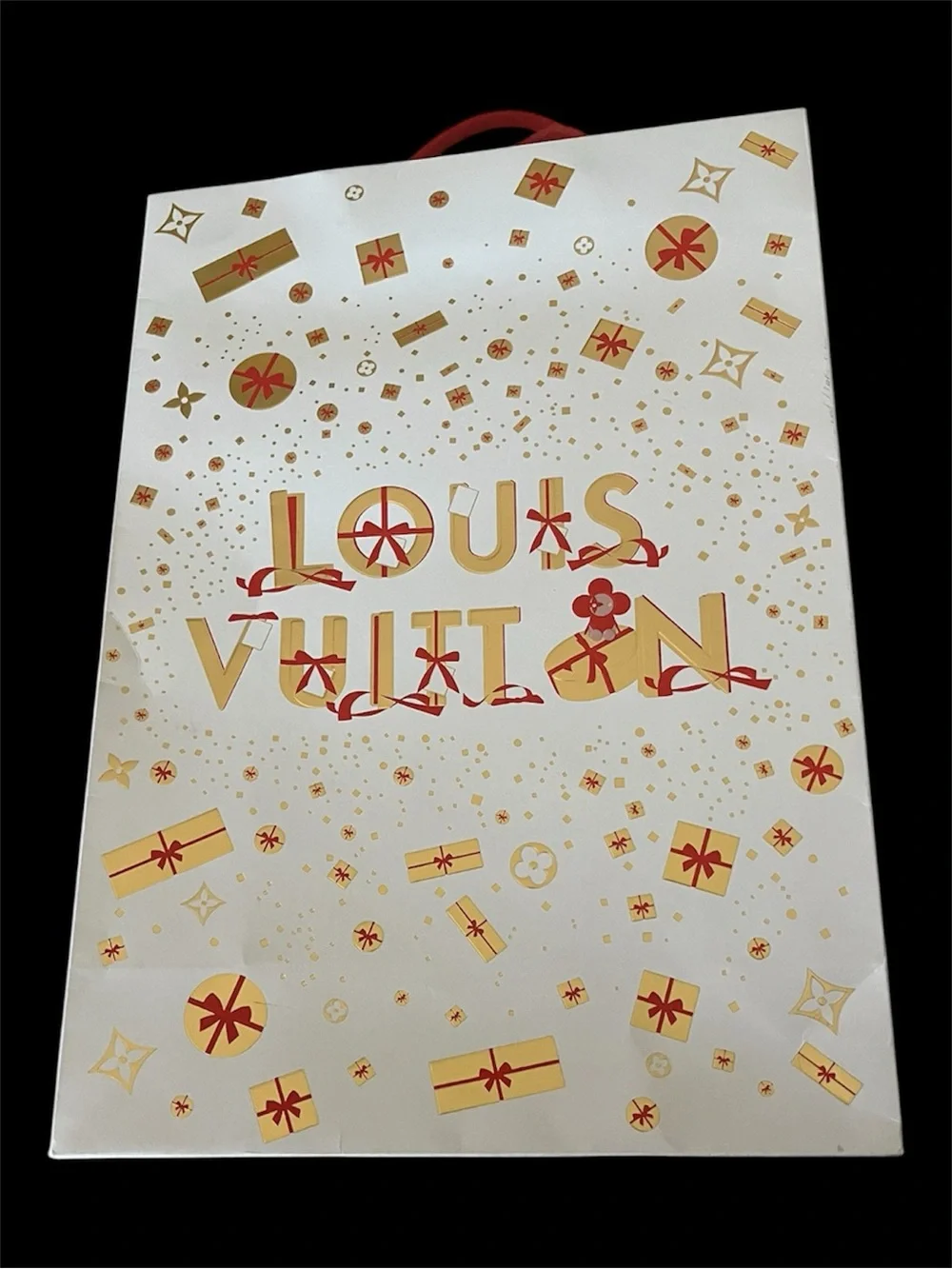 Authentic Louis Vuitton White, Gold & Red Holiday Shopping Bag - Limited Edition